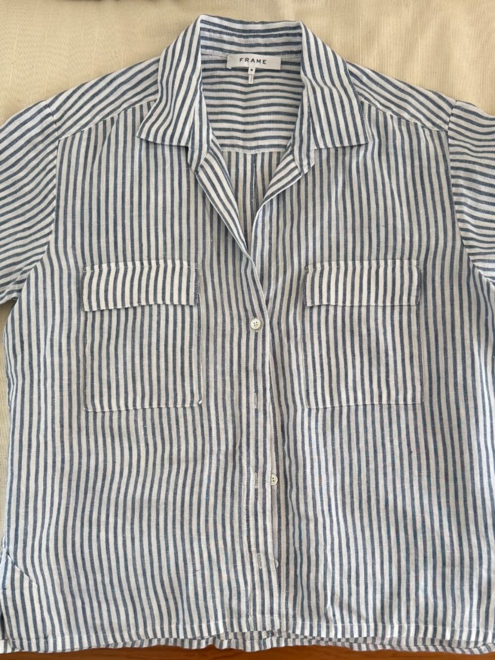 FRAME linen blue and white striped medium short sleeved boxy shirt